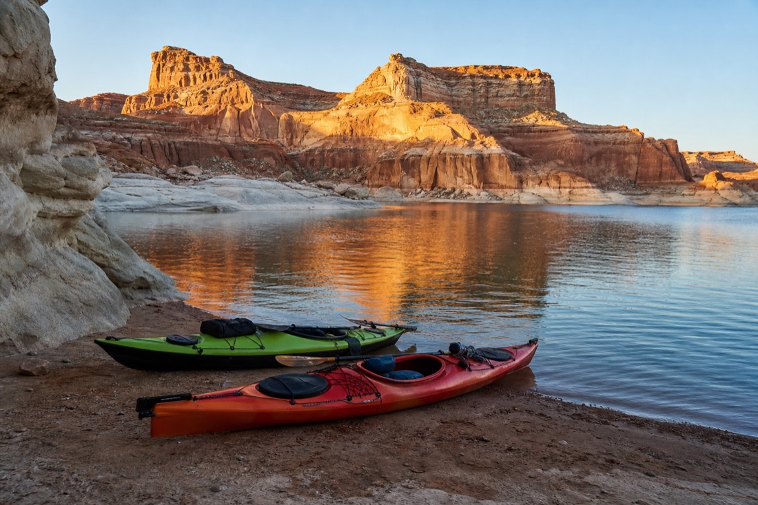 Morning calm on Lake Powell with kayaks ready at the waterline under clear sky