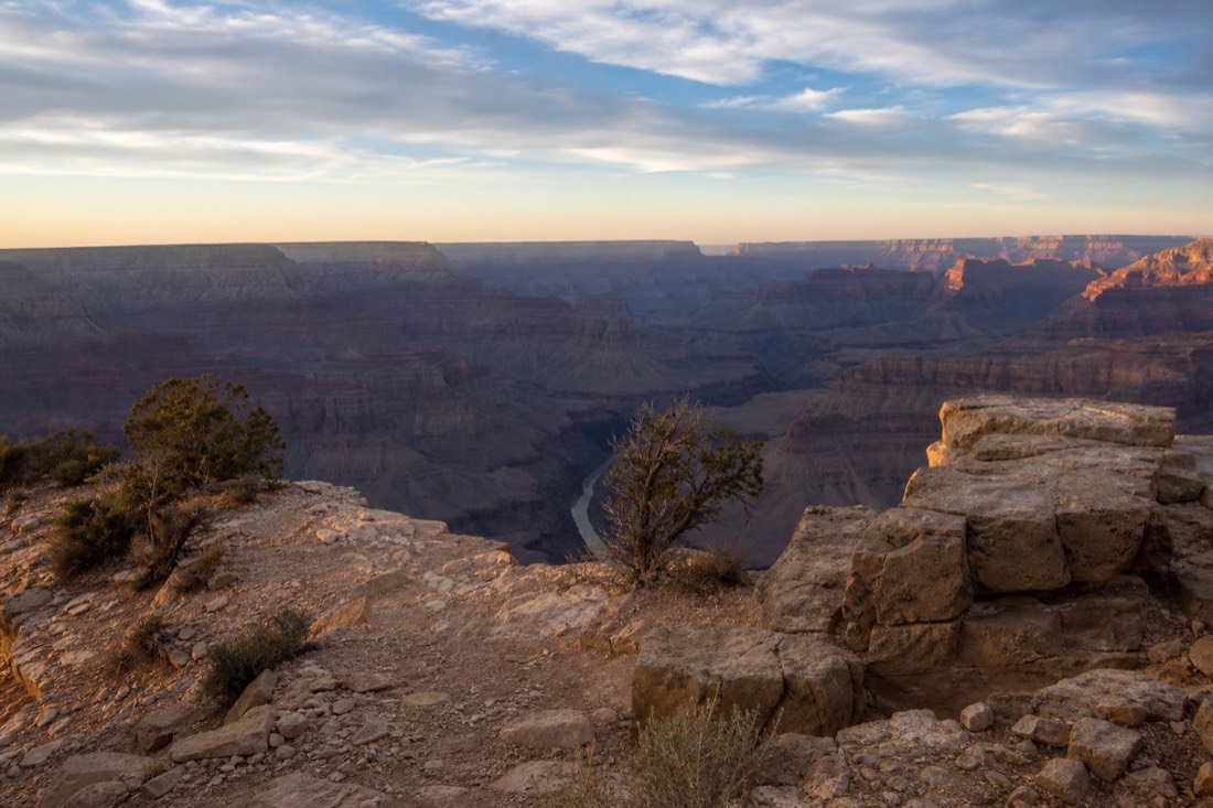 Desert View Watchtower area on the Grand Canyon east rim with the Colorado River gorge below