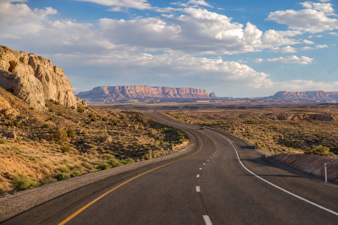 Highway map view terrain between Las Vegas and Page Arizona with red rock desert