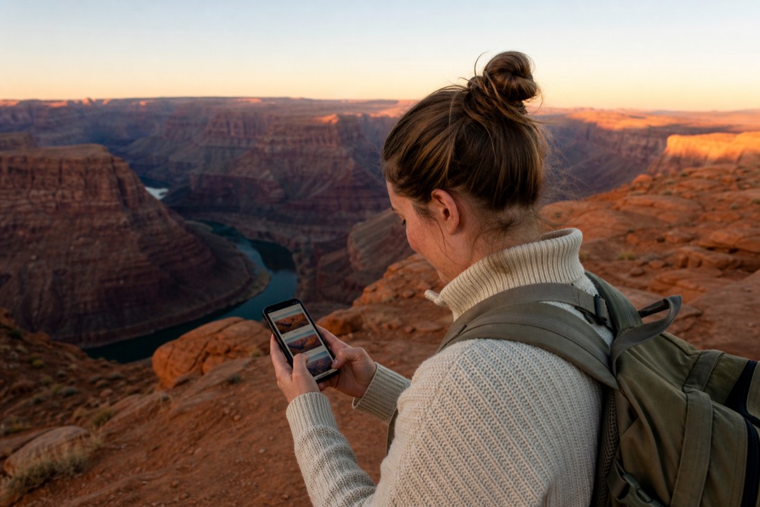 Traveler comparing canyon tour options on a phone at a desert overlook near Page